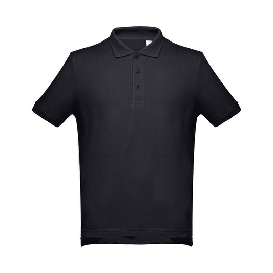 THC ADAM II promotional polo shirt in black (detail view) with custom logo branding