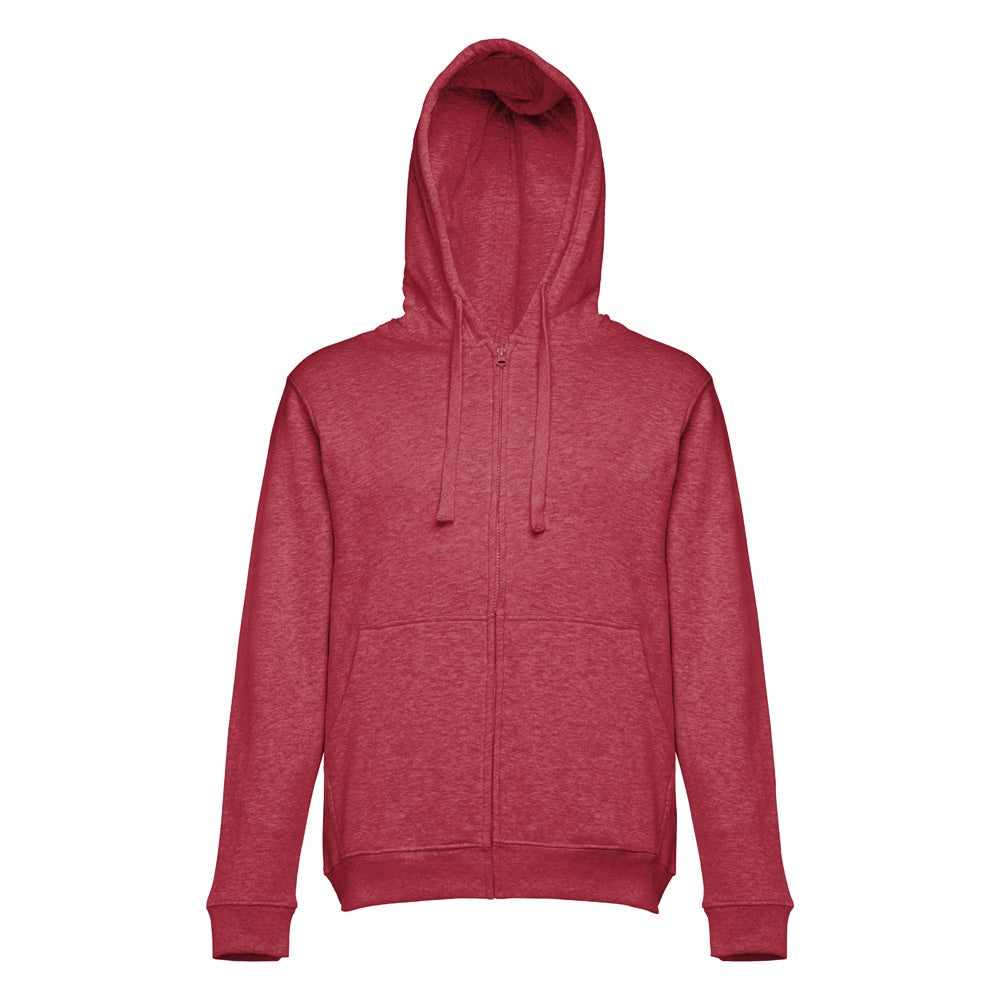 THC AMSTERDAM II promotional hoodie in heather red (detail view) with custom logo branding