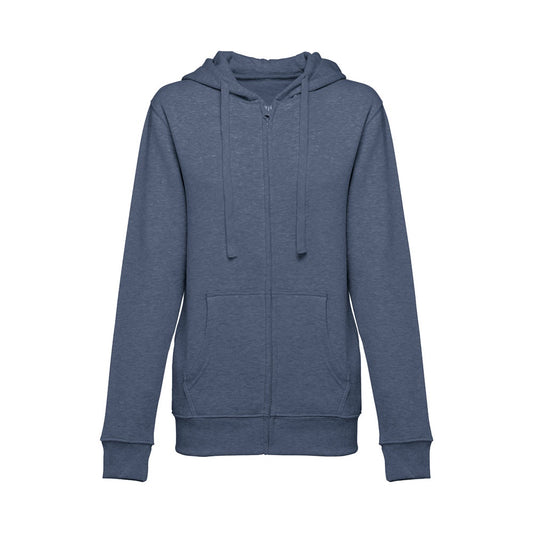 THC AMSTERDAM WOMEN II promotional hoodie in heather blue (detail view) with custom logo branding