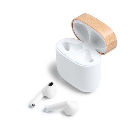 Stamina SAURO Recycled ABS and bamboo earbuds in white - promotional merchandise printed with your company logo