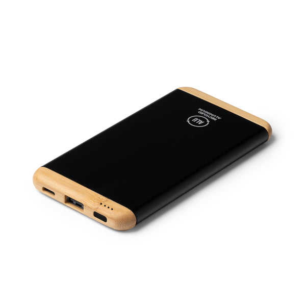 Stamina GULER Recycled aluminium and bamboo power bank in black - promotional merchandise printed with your company logo