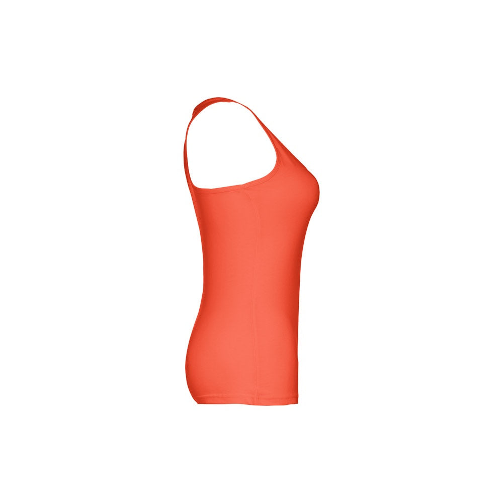 THC TIRANA promotional t-shirt in coral orange (detail view) with custom logo branding