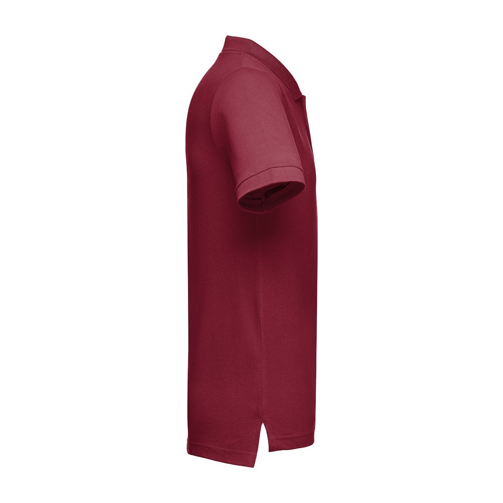THC ADAM promotional polo shirt in burgundy (detail view) with custom logo branding