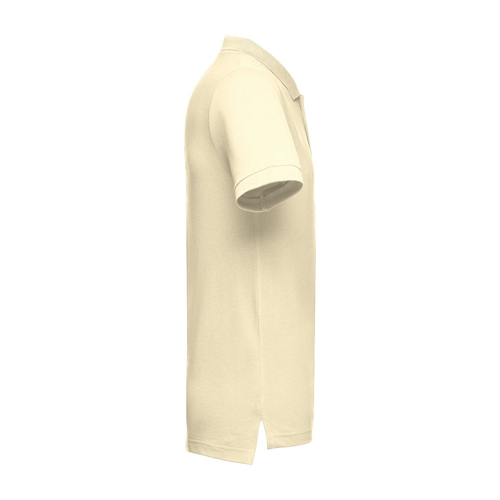 THC ADAM promotional polo shirt in pastel yellow (detail view) with custom logo branding