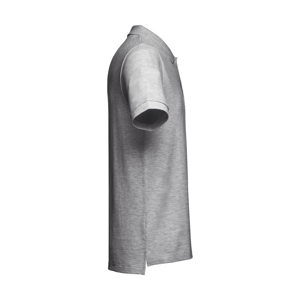 THC ADAM promotional polo shirt in heather light grey (detail view) with custom logo branding
