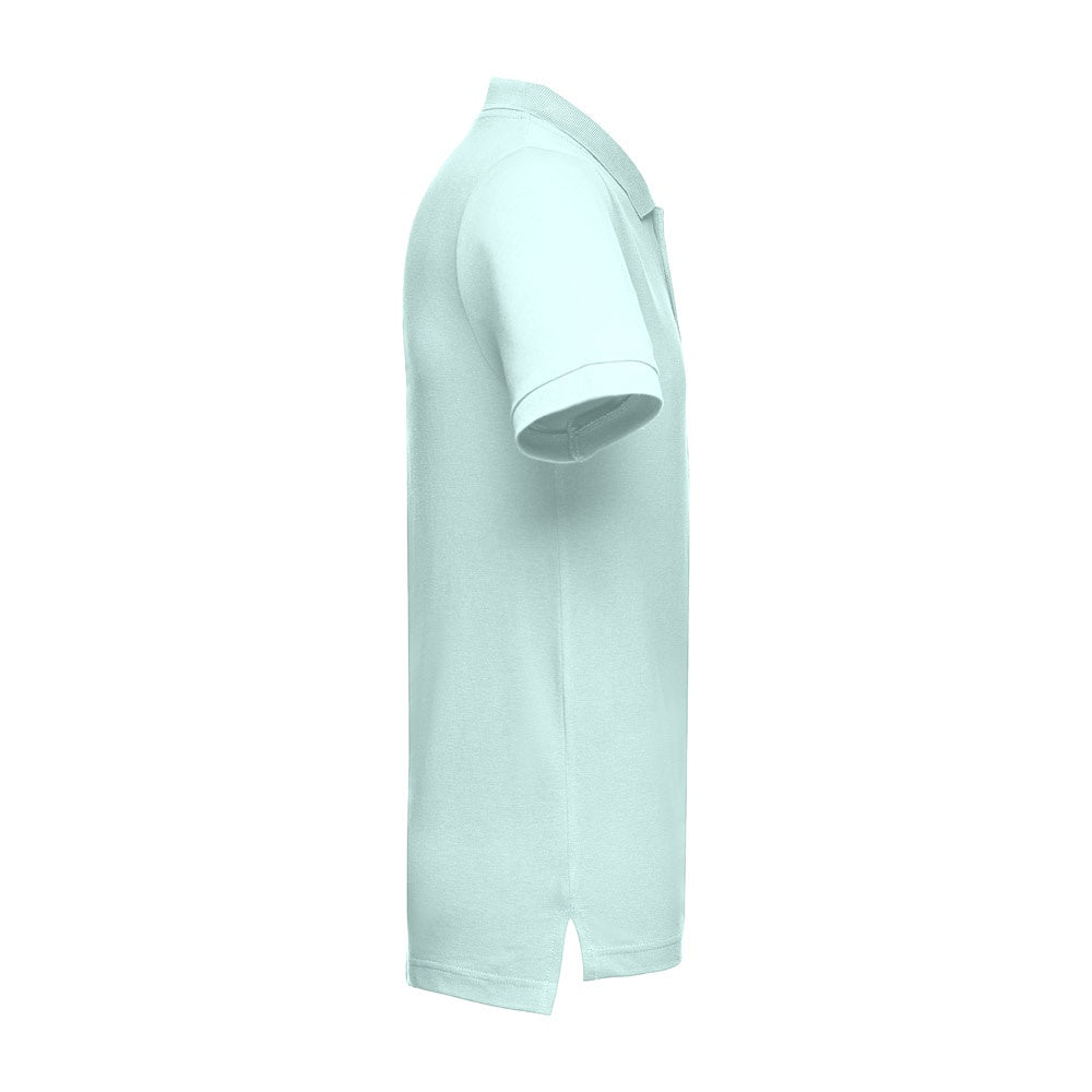 THC ADAM promotional polo shirt in mint green (detail view) with custom logo branding
