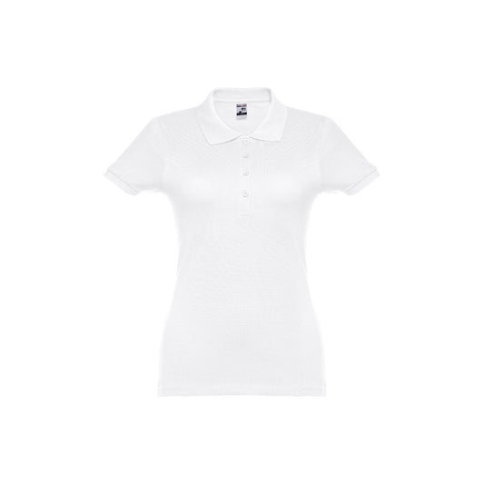 THC EVE WH promotional polo shirt in white (detail view) with custom logo branding