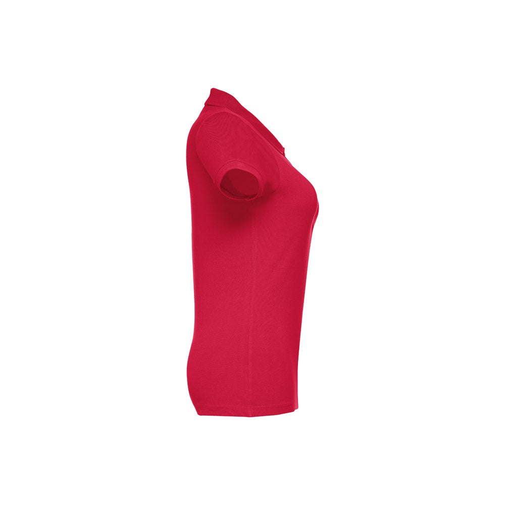 THC EVE promotional polo shirt in red (detail view) with custom logo branding