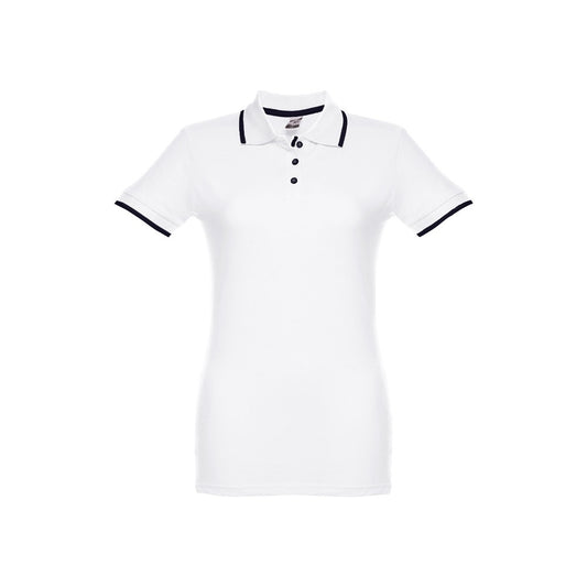 THC ROME WOMEN WH promotional polo shirt in white (detail view) with custom logo branding