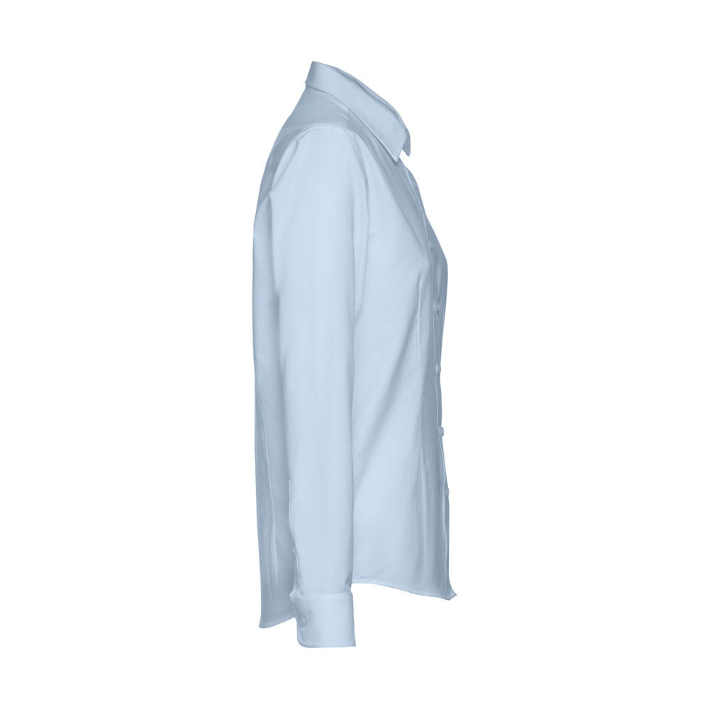 THC TOKYO WOMEN promotional corporate shirt in light blue (detail view) with custom logo branding