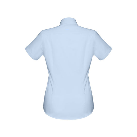 THC LONDON WOMEN promotional corporate shirt in light blue (detail view) with custom logo branding