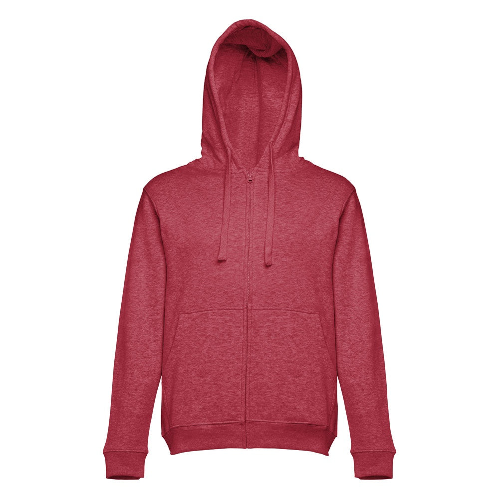 THC AMSTERDAM promotional hoodie in heather red (detail view) with custom logo branding
