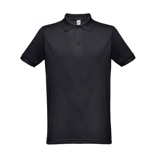 THC BERLIN promotional polo shirt in black (detail view) with custom logo branding
