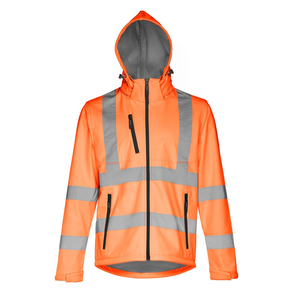 THC ZAGREB WORK promotional jacket in hexachrome orange (detail view) with custom logo branding