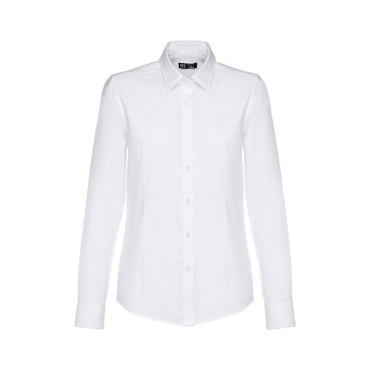 THC TOKYO WOMEN WH promotional corporate shirt in white (detail view) with custom logo branding