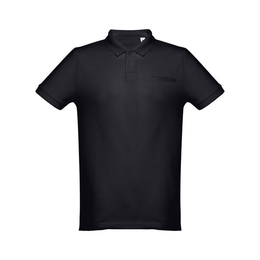 THC DHAKA promotional polo shirt in black (detail view) with custom logo branding
