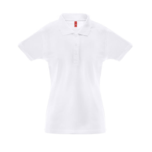 THC BERLIN WOMEN WH promotional polo shirt in white (detail view) with custom logo branding