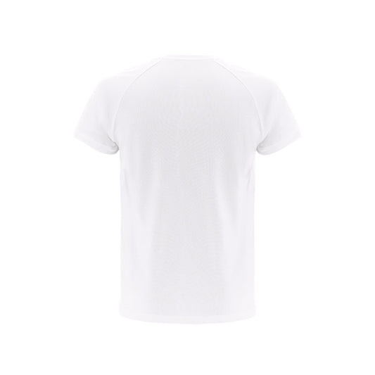 THC MOVE WH promotional t-shirt in white (detail view) with custom logo branding
