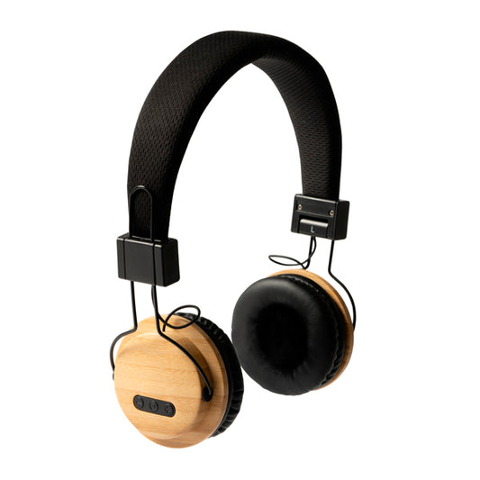 Stamina TANGO Bamboo and RPET fabric headphones in black - promotional merchandise printed with your company logo
