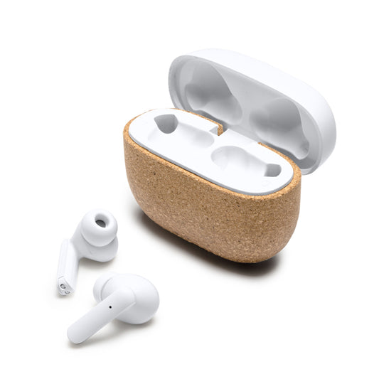 Stamina FOLK Recycled ABS and natural earbuds in white - promotional merchandise printed with your company logo