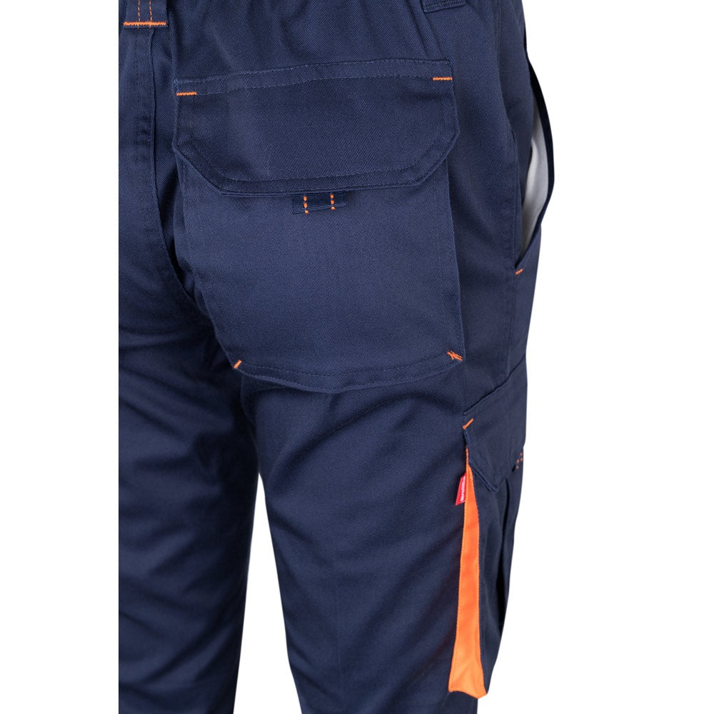 VL FIDES promotional workwear garment in navy blue / orange with custom logo branding