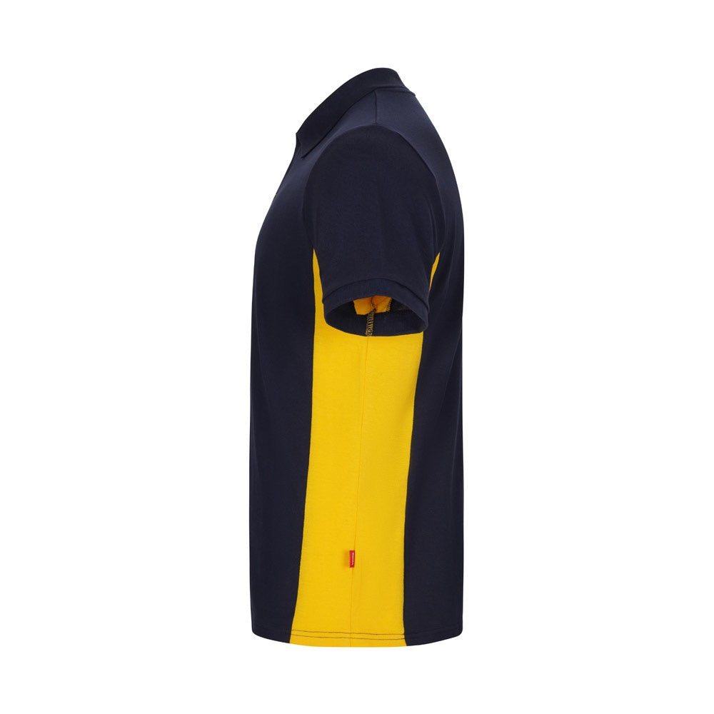 VL SUPAY promotional polo shirt in navy blue / yellow (detail view) with custom logo branding