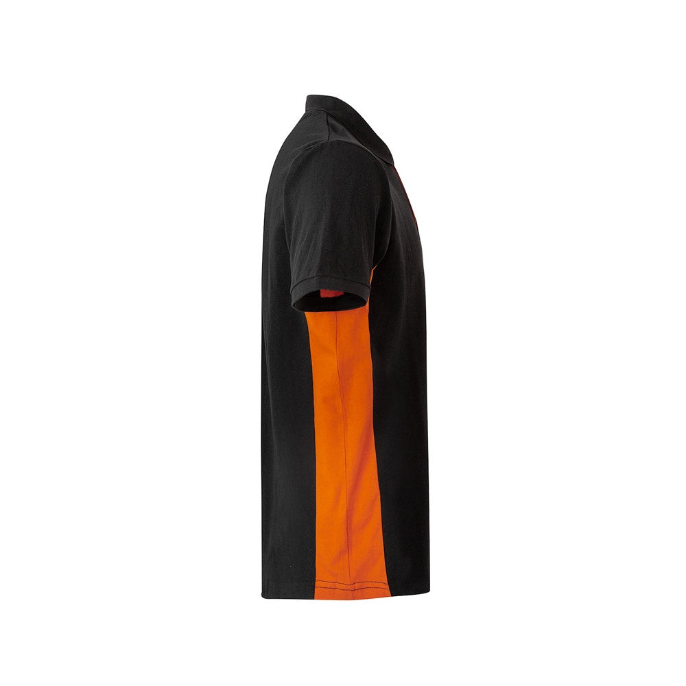 VL SUPAY promotional polo shirt in black / orange (detail view) with custom logo branding