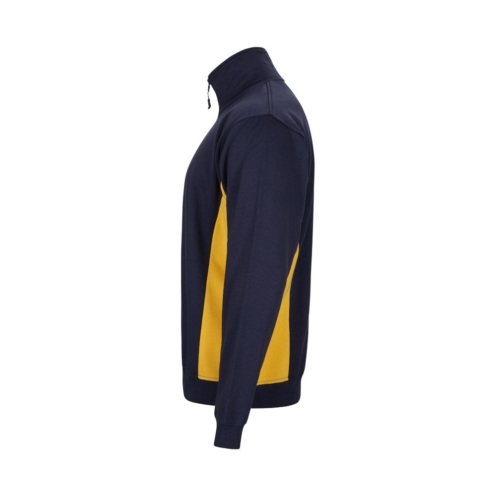 VL SVAROG promotional sweatshirt in navy blue / yellow (detail view) with custom logo branding