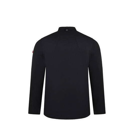 VL AGNI promotional workwear garment in black (detail view) with custom logo branding