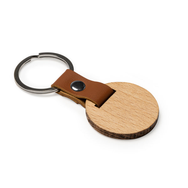 Stamina MARBEL Natural wood and PU keyring in round - promotional merchandise printed with your company logo
