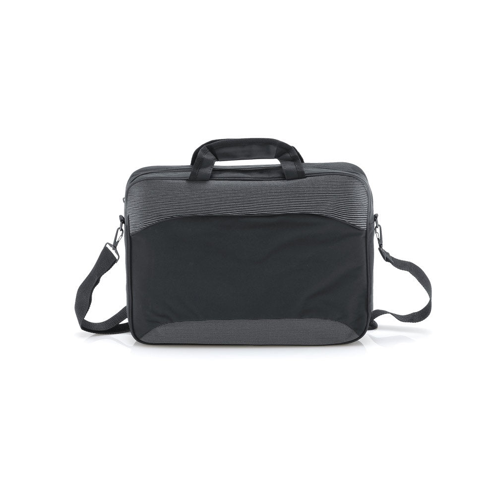 SANTANA promotional laptop bag in grey (detail view) with custom logo branding