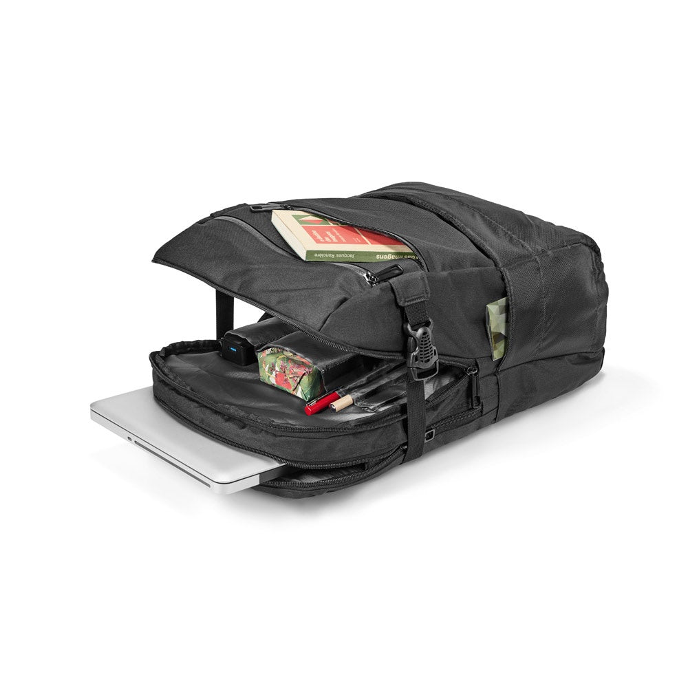 ZIPPERS BPACK promotional laptop bag in black (detail view) with custom logo branding