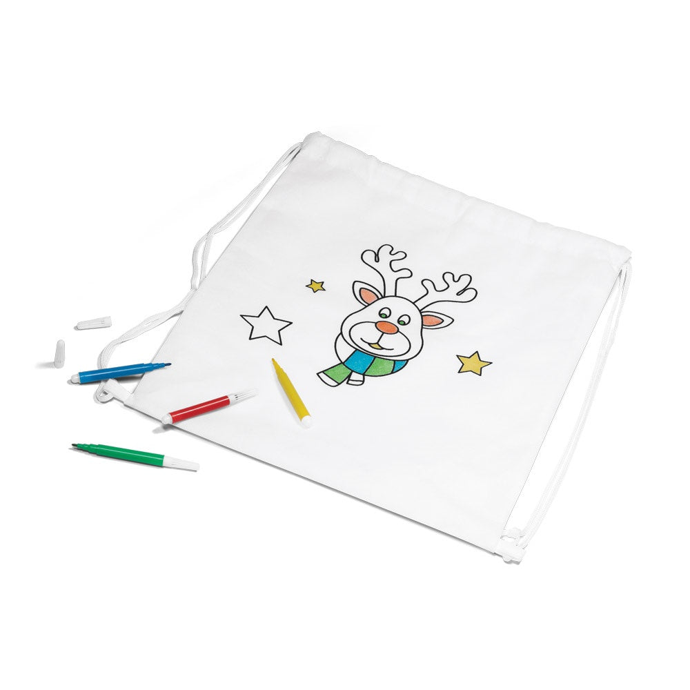 GLENCOE promotional drawstring bag in white (detail view) with custom logo branding