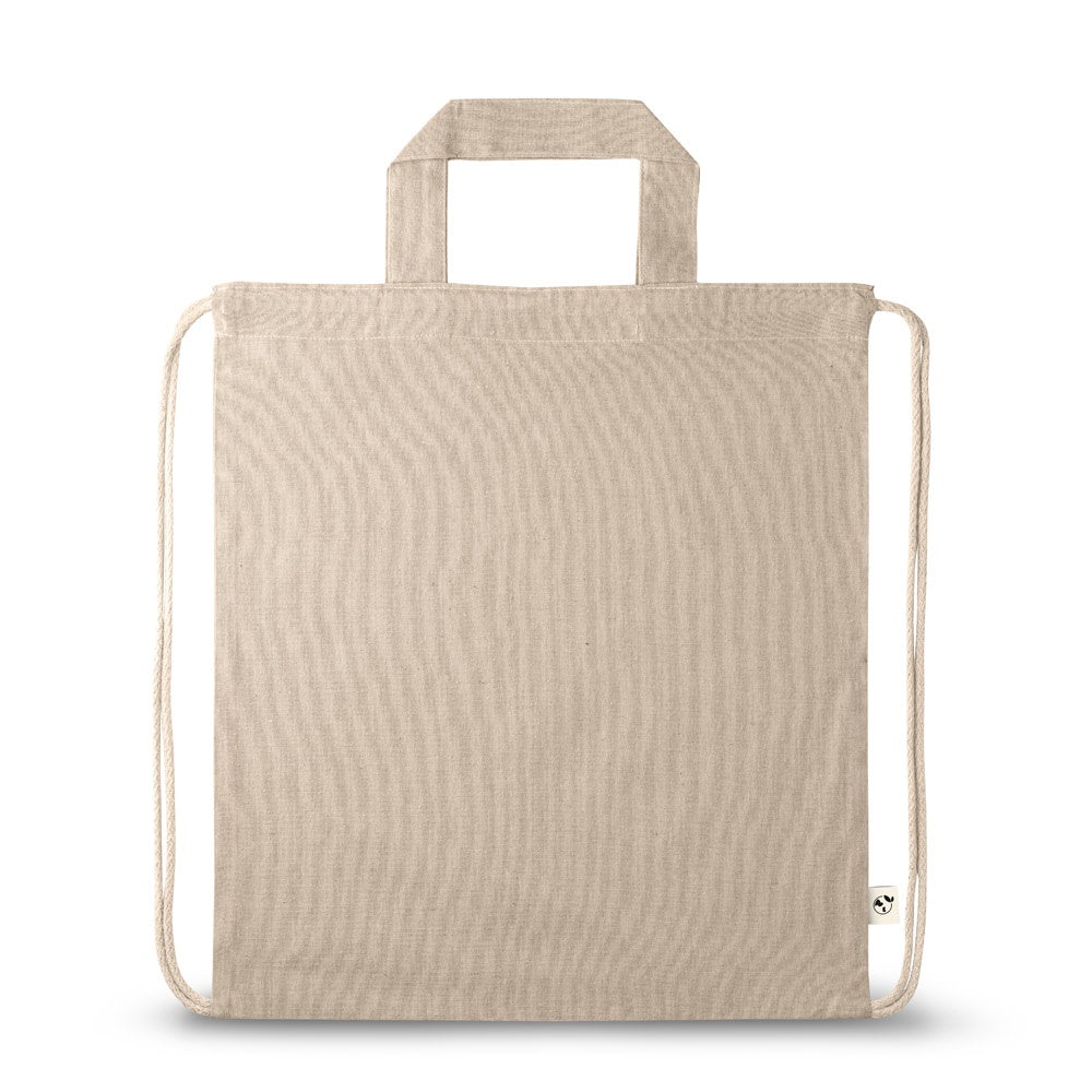 RISSANI promotional drawstring bag in natural (detail view) with custom logo branding