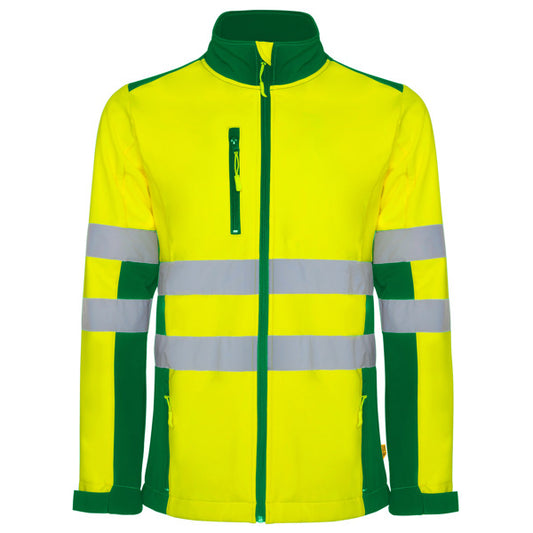 ROLY WRK ANTARES Men's high-visibility softshell jacket in garden green/fluor yellow - promotional clothing printed with
