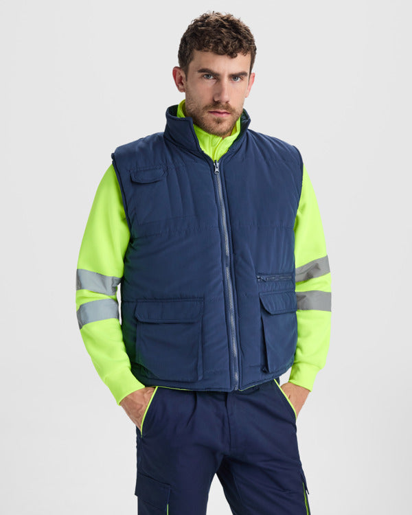 ROLY WRK PERSEI Unisex high-visibility vest in navy blue/fluor yellow - promotional clothing printed with your company logo