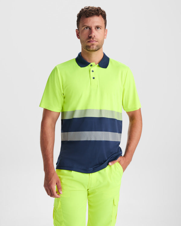 ROLY WRK VEGA Unisex high-visibility polo shirt in navy blue/fluor yellow - promotional clothing printed with your company