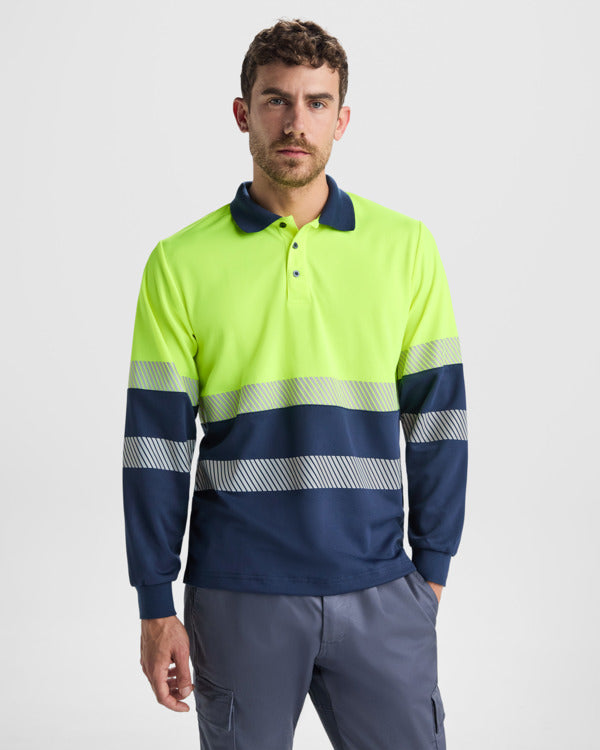 ROLY WRK VEGA LS Unisex high-visibility long-sleeve polo shirt in navy blue/fluor yellow - promotional clothing printed with