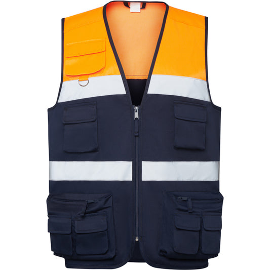 ROLY WRK BETA Unisex high-visibility vest in navy blue/fluor orange - promotional clothing printed with your company logo