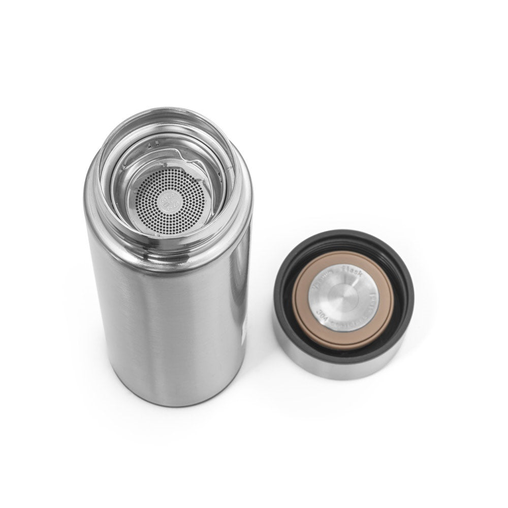 ROSSI promotional thermal bottle in satin silver (detail view) with custom logo branding