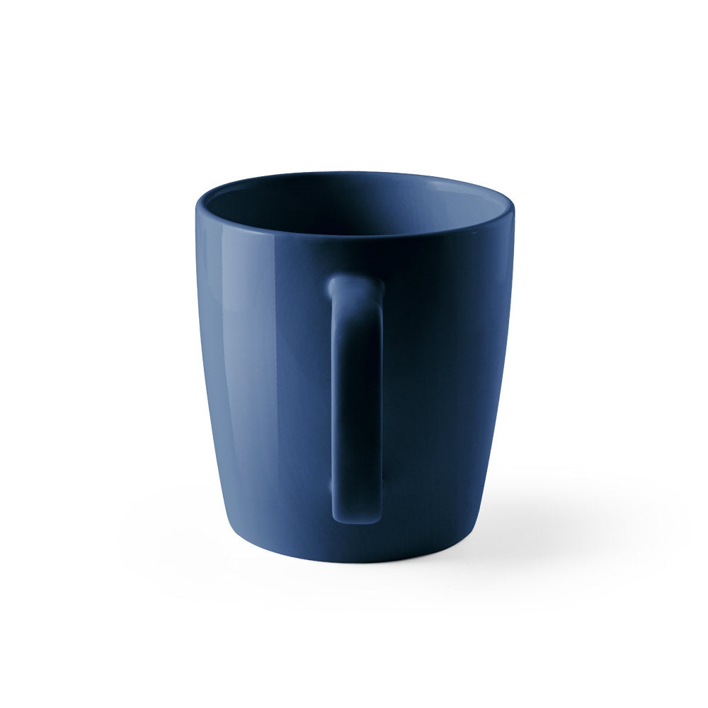 DHONI promotional mug in navy blue (detail view) with custom logo branding