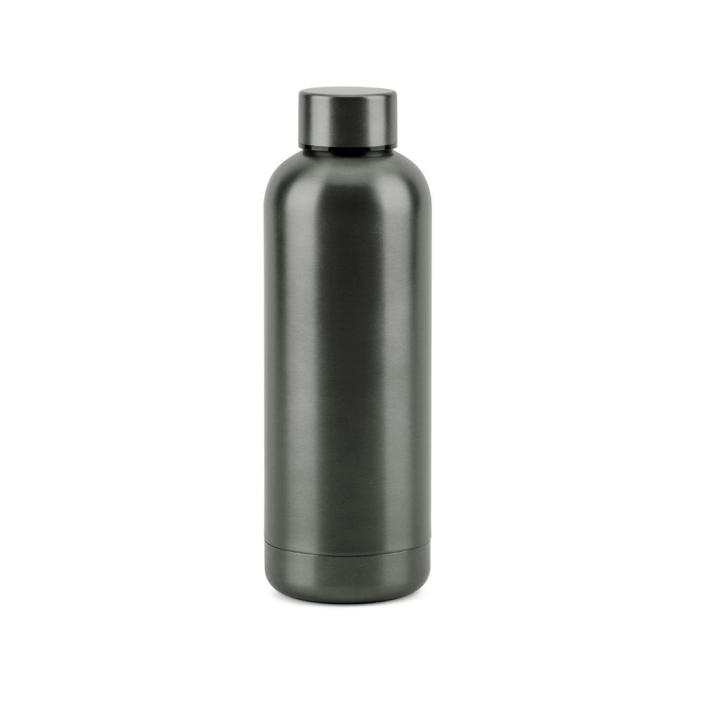 ODIN METTALIC promotional bottle in gun metal with custom logo branding
