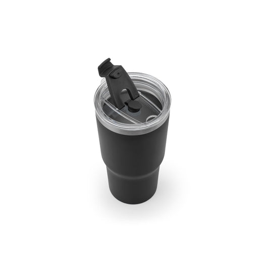 JOYNER M promotional travel cup in black (detail view) with custom logo branding
