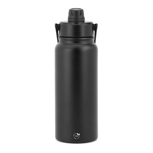 ALCARAZ promotional bottle in black (detail view) with custom logo branding