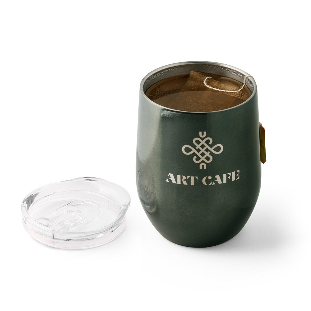 RONDE promotional travel cup in gun metal (detail view) with custom logo branding