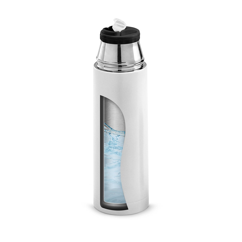 SAFE promotional thermal bottle in white (detail view) with custom logo branding
