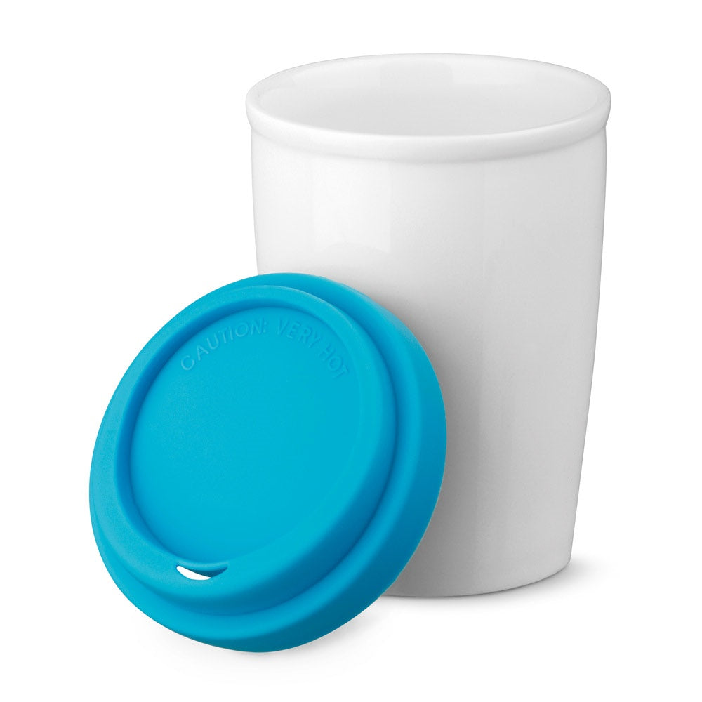 DUWAL promotional travel cup in light blue (detail view) with custom logo branding