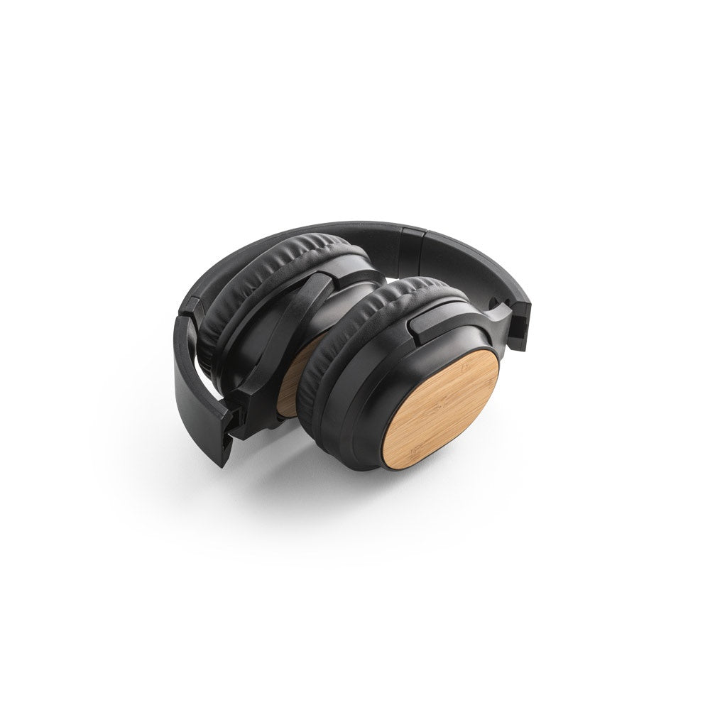 GOULD promotional headphones in black (detail view) with custom logo branding