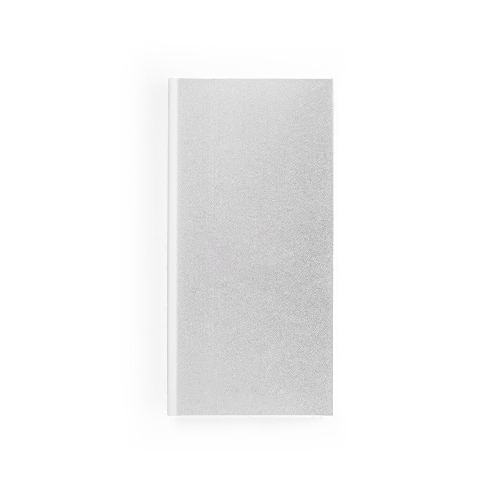 CLERK promotional power bank in satin silver (detail view) with custom logo branding