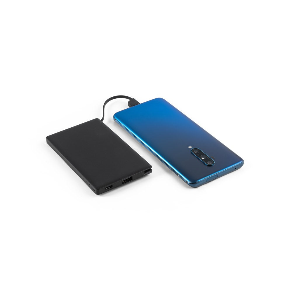WIGNER promotional power bank in black (detail view) with custom logo branding